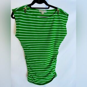 Michael Kors Green and White Striped Sleeveless Top with Rouching at Side